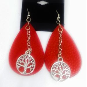 Red PU Faux Leather "Tree of Life" Earrings